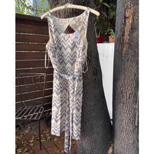 LOFT Blue Embroidered Chevron Cotton Midi Dress Size 14 NWT Tie Waist